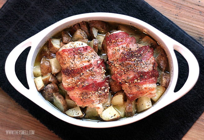 Bacon wrapped chicken & roasted veggies w/ maple glaze #paleo #glutenfree