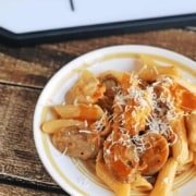 Guy Fieri's Penne With Cajun Hot Links & Chipotle Chicken recipe. I replaced shrimp with chicken and removed a bit of the heat for a family-friendly recipe.