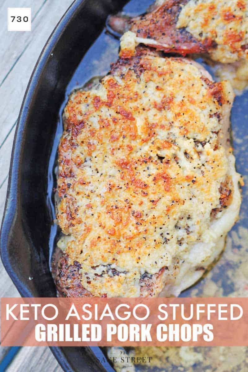 keto stuff pork chops in a cast iron pan