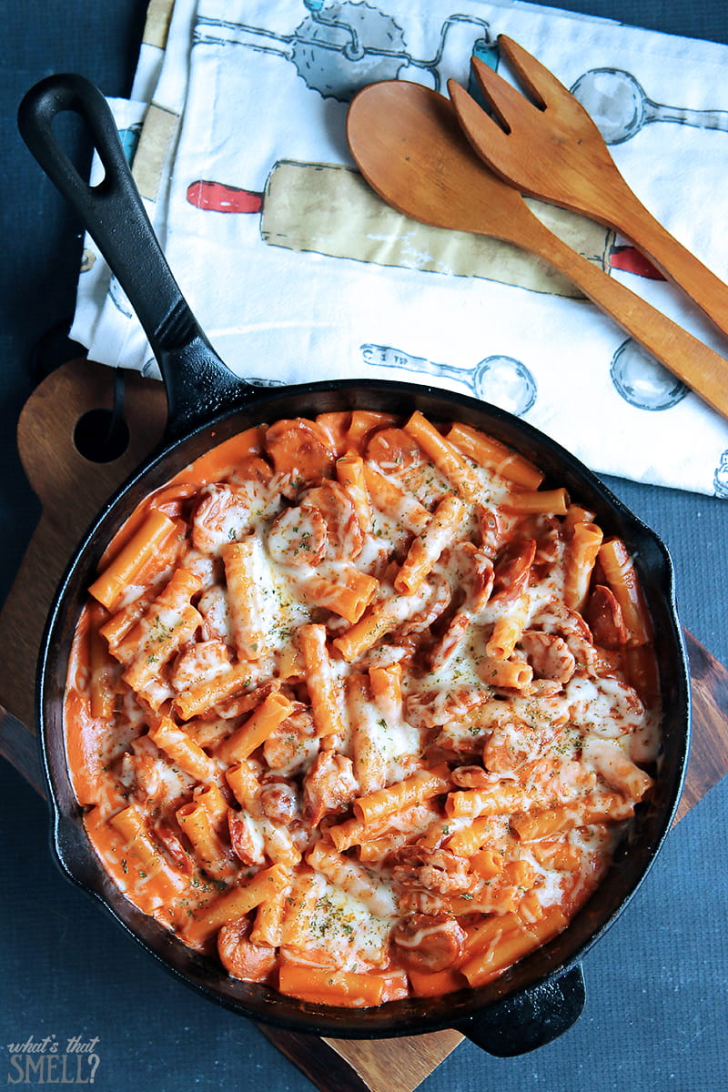 Cheesy Pasta with Cajun Andouille Sausage Recipe - this quick and easy recipe cooks in a single skillet and will leave everyone begging for "more please"!