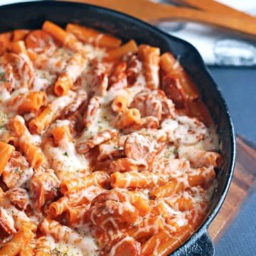 Cheesy Pasta with Cajun Andouille Sausage 7 cheesy pasta in skillet