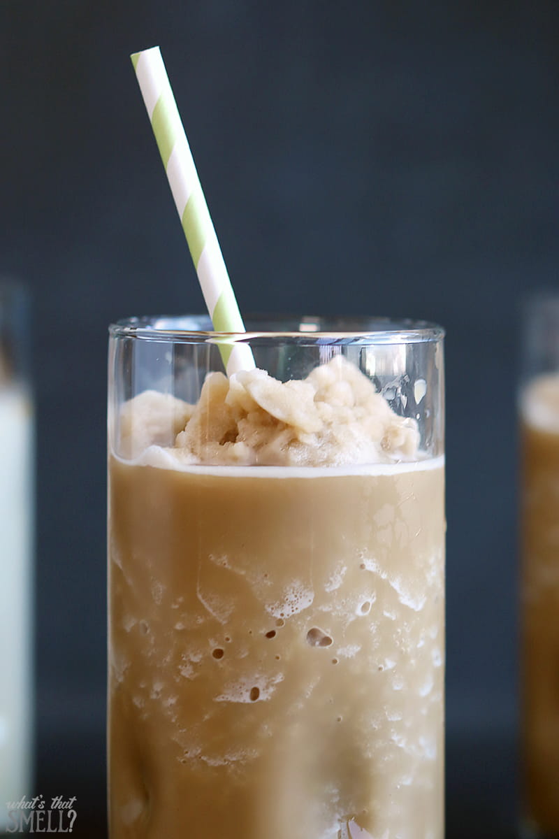 Easy Salted Caramel Iced or Frozen Coffee Recipe - Just 3 ingredients make a delicious, coffee-shop worthy iced or frozen salted caramel flavored coffee! It's dairy free too!