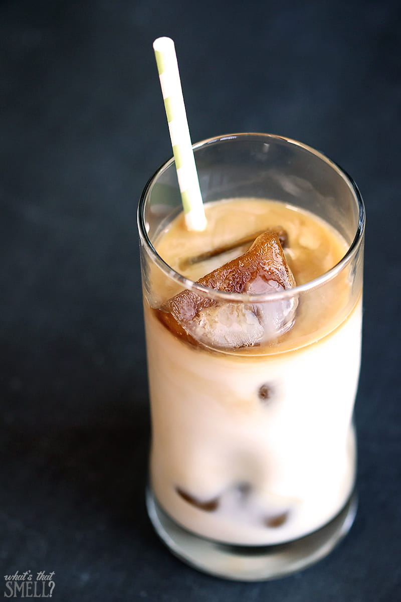 Easy Salted Caramel Iced or Frozen Coffee Recipe - Just 3 ingredients make a delicious, coffee-shop worthy iced or frozen salted caramel flavored coffee! It's dairy free too!