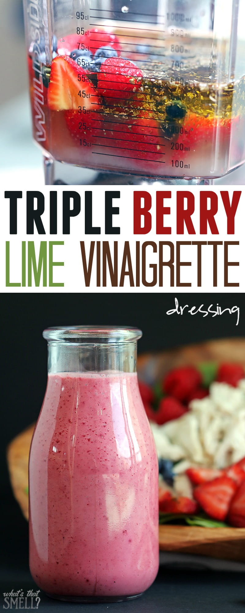 Triple berry lime vinaigrette dressing - fresh strawberries, raspberries & blueberries combine with a touch of lime in this sweet yet tart vinaigrette dressing. Perfect summer dressing!