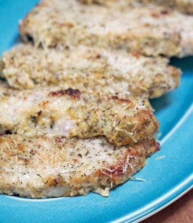 Low Carb Parmesan Dijon Pork Chops - easy to make "breaded" pork chops that are low carb, paleo, gluten-free, etc. They are also delicious!