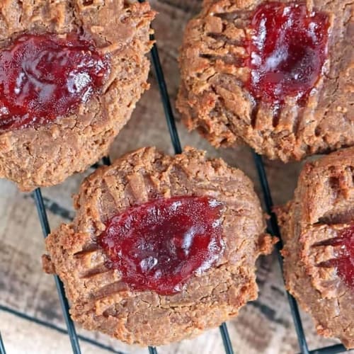 No Flour Peanut Butter & Jelly Cookies - These cookies contain no flour, are gluten-free, dairy-free and are sweetened with applesauce.