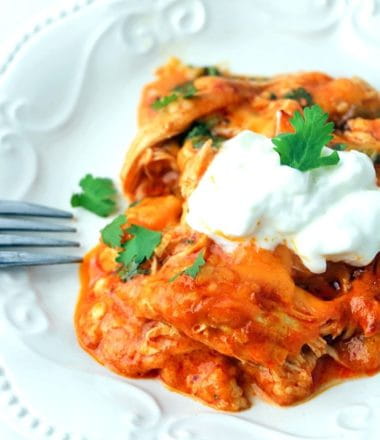 Low Carb Chicken Enchilada Casserole on a white plate