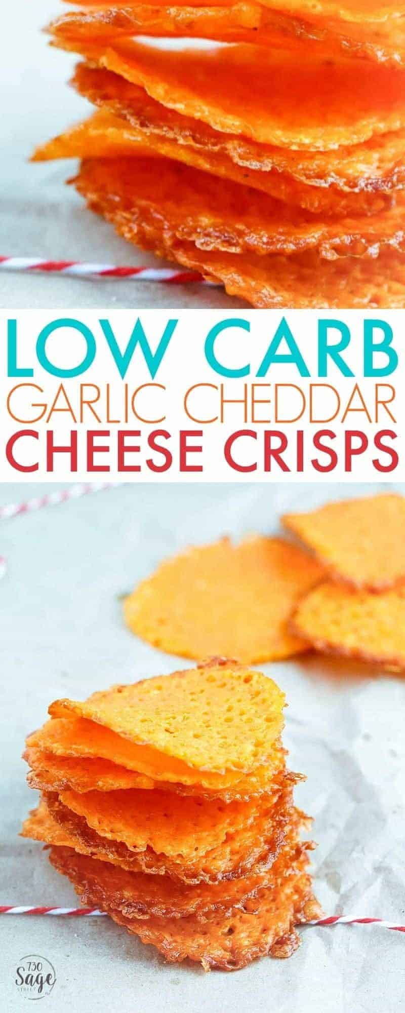 Low carb garlic cheddar cheese crisps are keto-friendly and are super easy to make & will satisfy your cravings for chips and salty snacks. Eat alone or with a low carb dip! So good!