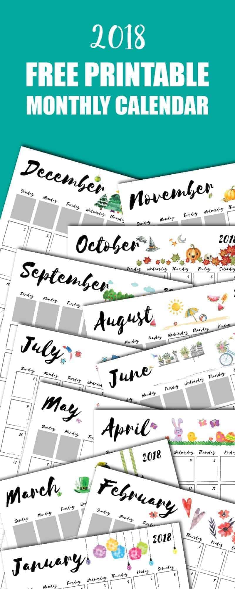 This cute and free monthly 2018 Printable Calendar is the perfect size to hang on a bulletin board & keep track of appointments or school activities. #calendar #2018 #printable #planner