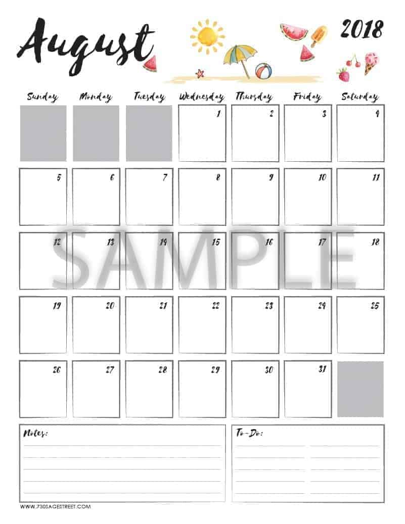 August 2018 Printable Calendar - Free PDF Download