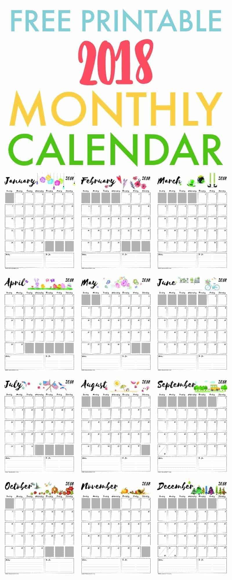 2018 Monthly Calendar Printable Large