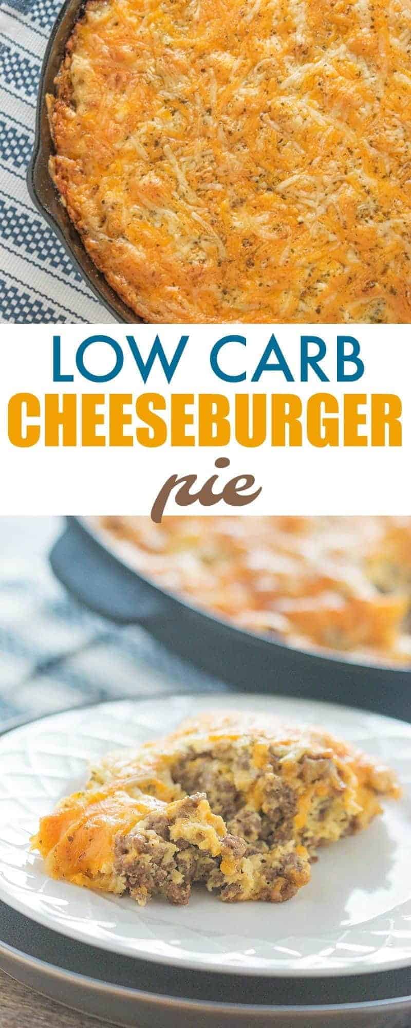 Easy low carb cheeseburger pie! Bake this in a skillet or casserole dish for a quick, delicious meal, the whole family will enjoy.