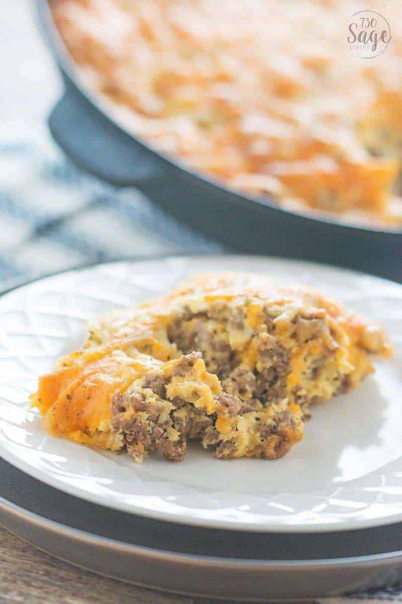 Easy low carb cheeseburger pie! Bake this in a skillet or casserole dish for a quick, delicious meal, the whole family will enjoy.