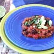 Low Carb Vegetarian Beef Enchilada Casserole on a blue plate
