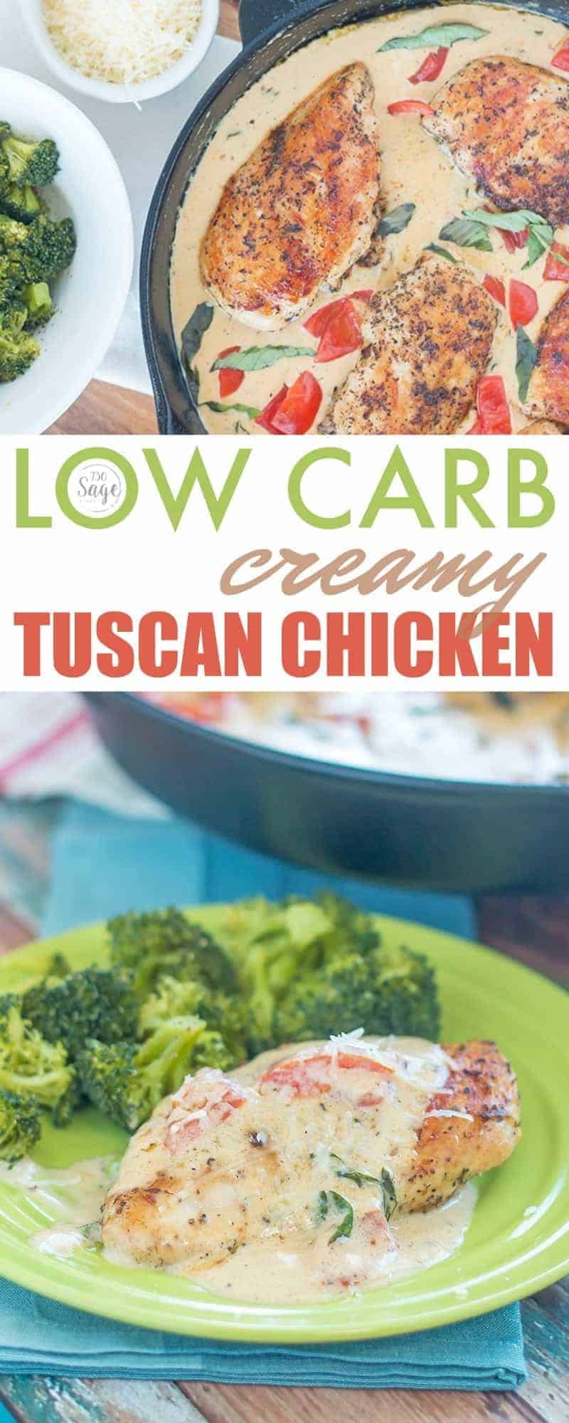 This Low Carb Tomato Basil Creamy Tuscan Chicken Alfredo is a delicious way to serve an authentic Tuscan inspired recipe and get it on the table in 30-40 minutes. #lowcarb #keto #dinner #easy #castiron