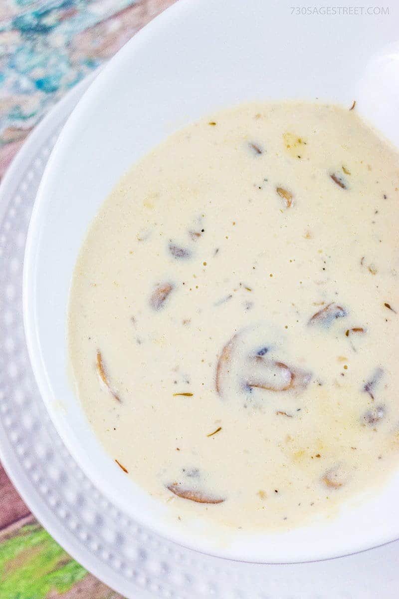 Cream of mushroom soup in a white bowl