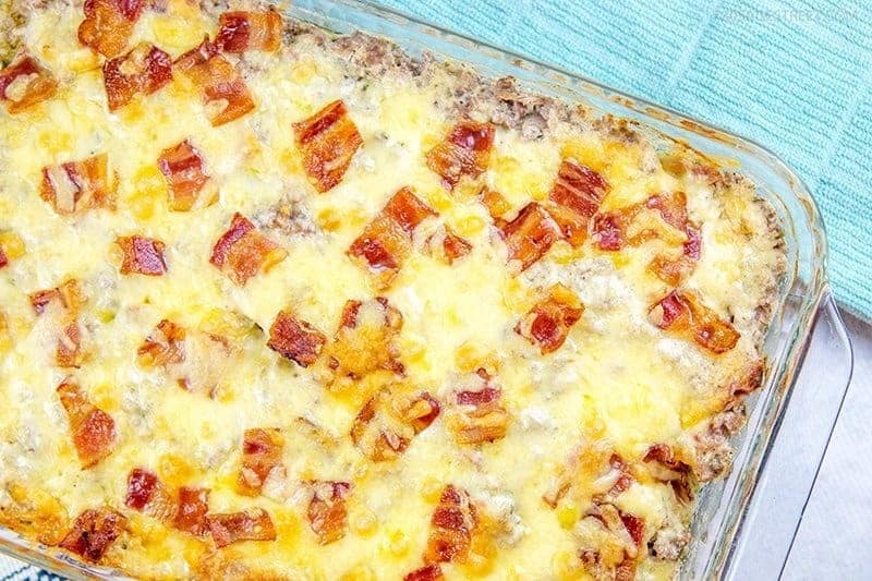 Baked chicken casserole in a glass dish