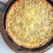 overhead shot of a breakfast quiche in a cast iron pan