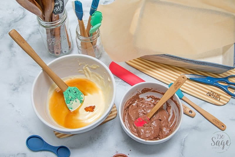 two mixing bowls preparing keto fudge