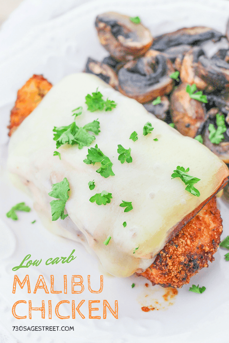 Low Carb Malibu Chicken Recipe with keto breading, ham and swiss cheese #ketorecipes #lowcarb #chickenrecipe #easydinner