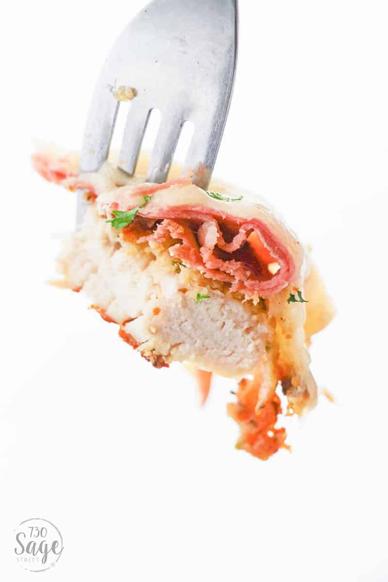 Malibu Chicken - Easy Low Carb Recipe 7 A bite of low carb malibu chicken on a fork