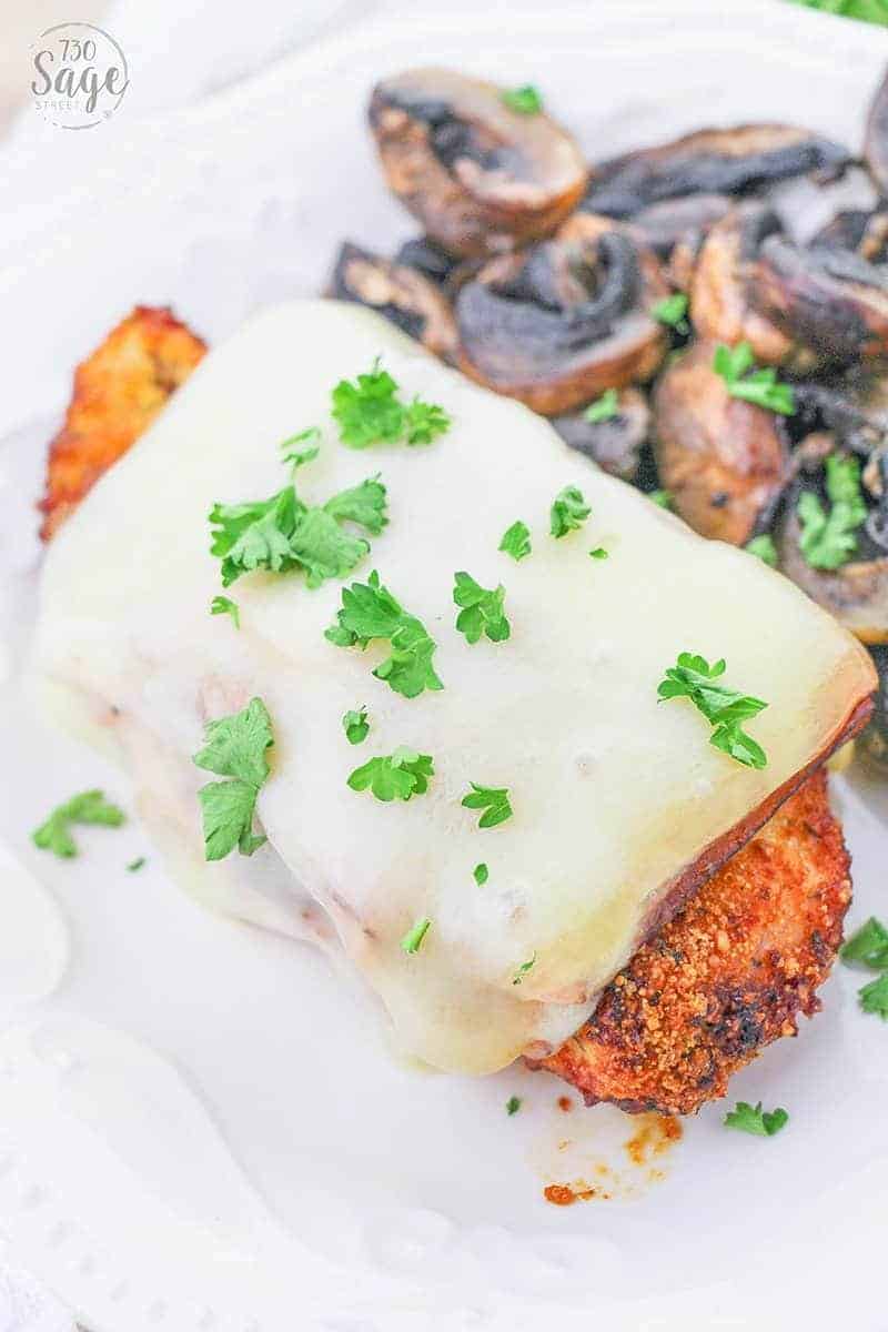 Malibu Chicken - Easy Low Carb Recipe 6 Low carb malibu chicken on a white plate with mushrooms and dipping sauce