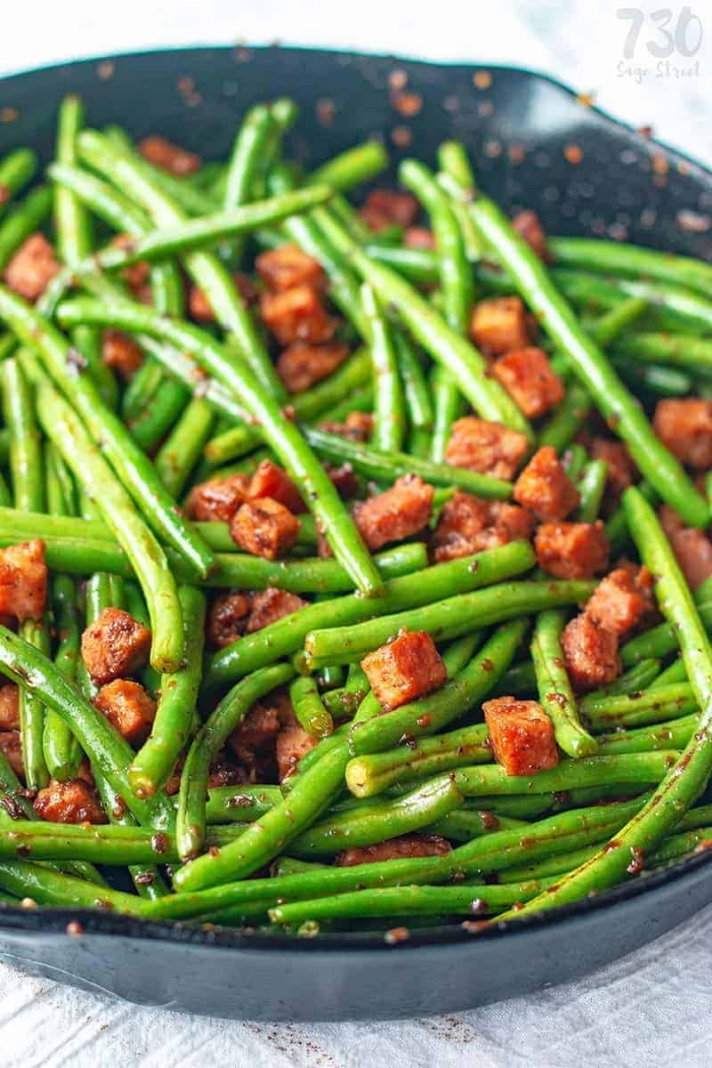 Low carb ham and green beans in a cast iron pan