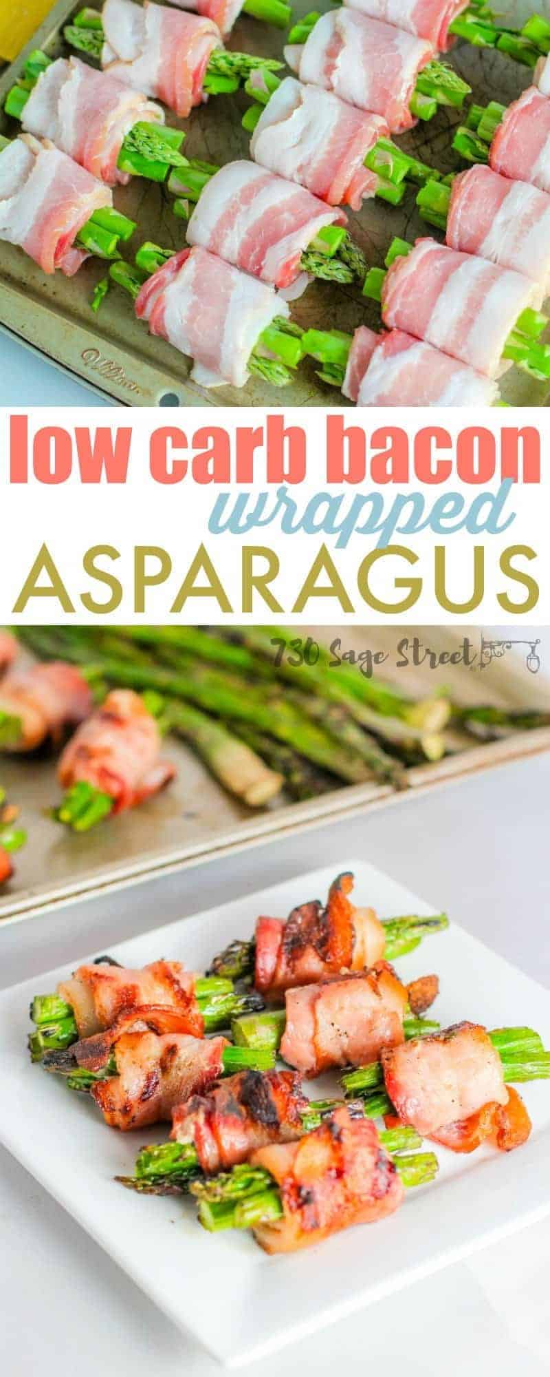 This bacon wrapped asparagus recipe makes an easy side dish that you can prepare in the oven or on the grill. Plus it's low carb too! #lowcarb #keto #appetizer #asparagus #bacon