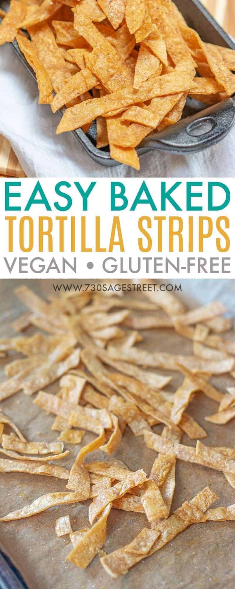 All you need to make easy, delicious, baked tortilla strips is a couple of corn tortillas! Learn how easy it is to make them at home. #vegan #veganrecipes #glutenfree #mexican #recipe #homemade