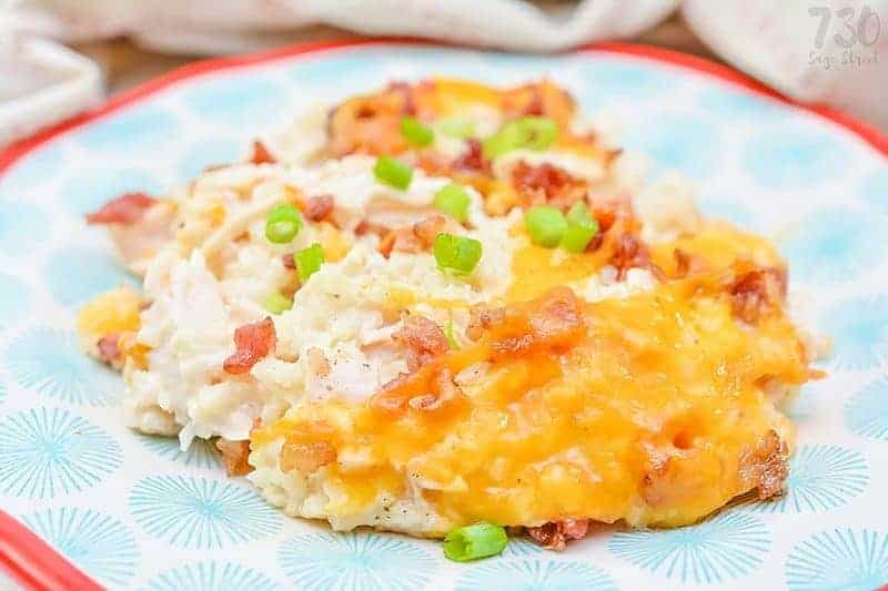 Keto Loaded Cauliflower Casserole 1 loaded cauliflower casserole on a plate