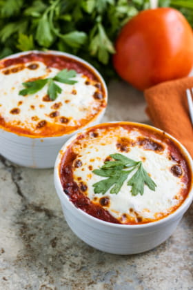 Low Carb Lasagna Bowls hot out of the oven and ready to serve.