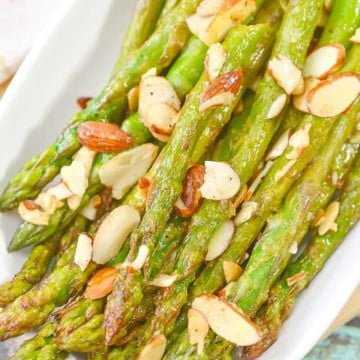 overhead view of asparagus almondine recipe