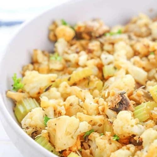 low carb stuffing in a white bowl
