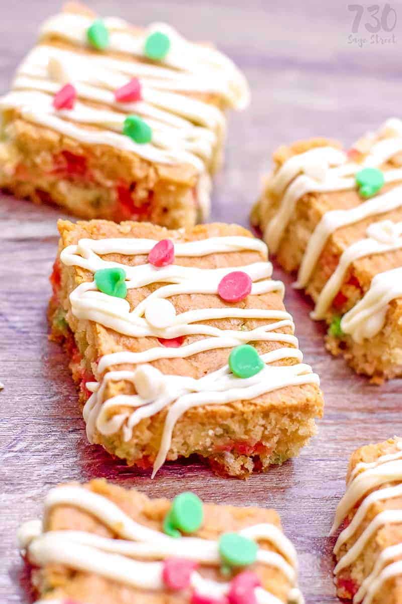 Holiday Blondie recipes with white chocolate, red and green chocolate chips and light vanilla brownie batter.
