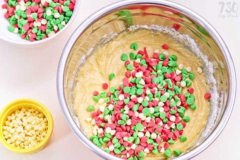 red, green, and white chocolate chips added to blondie batter, super christmassy