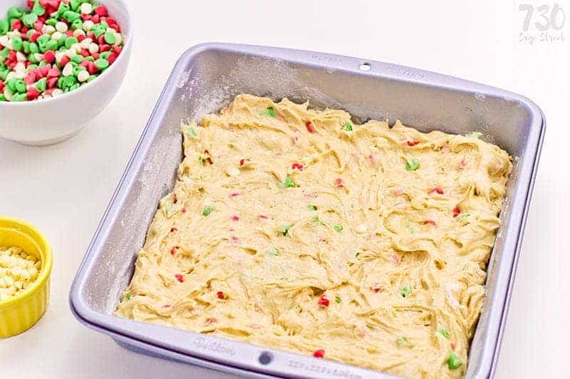 blondie batter in baking pan ready for the oven