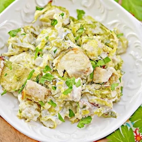 keto brussels sprouts casserole in a white bowl