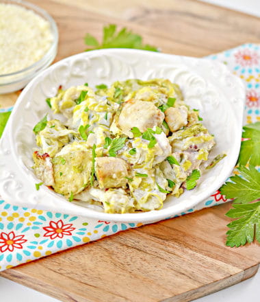 keto brussels sprouts casserole in a white bowl