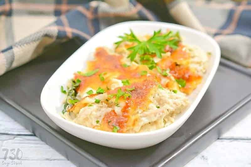 low carb chicken casserole recipe on a white plate