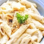 garlic butter penne pasta close up