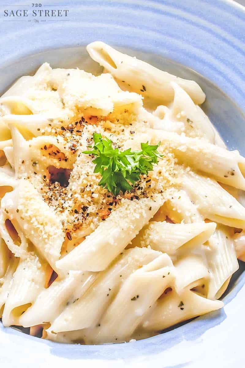 garlic butter penne pasta close up