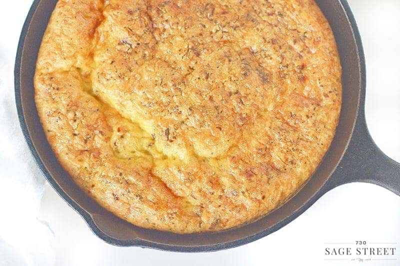 crustless quiche in a cast iron pan