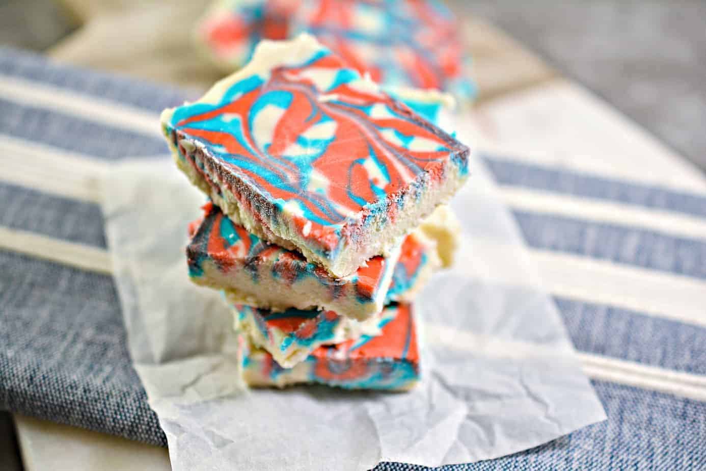 Patriotic red, white, and blue keto fudge recipe stacked and ready to eat!