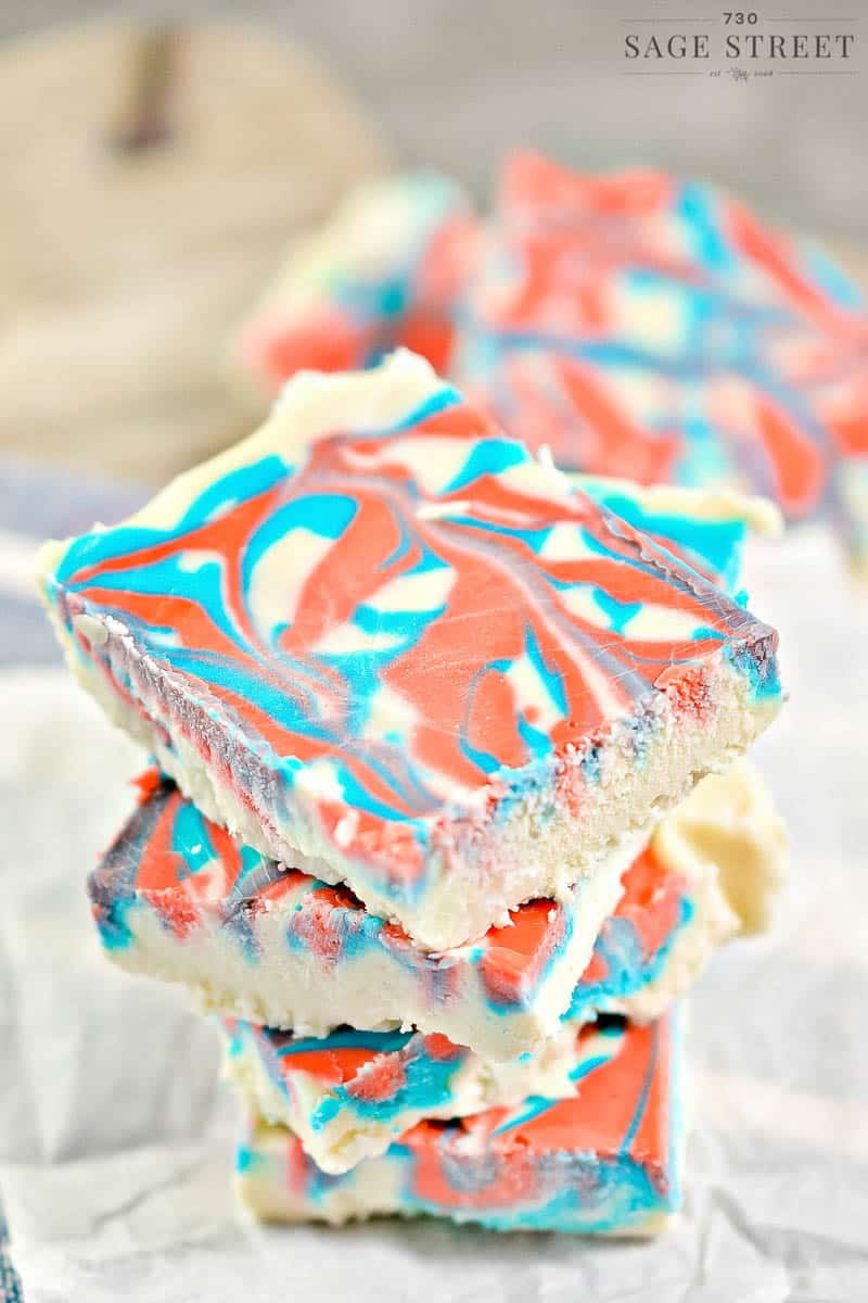 red white and blue keto fudge stacked on a white board