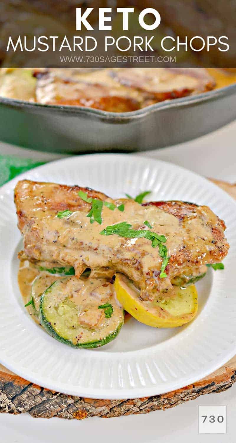 keto creamy mustard pork chops on a white plate