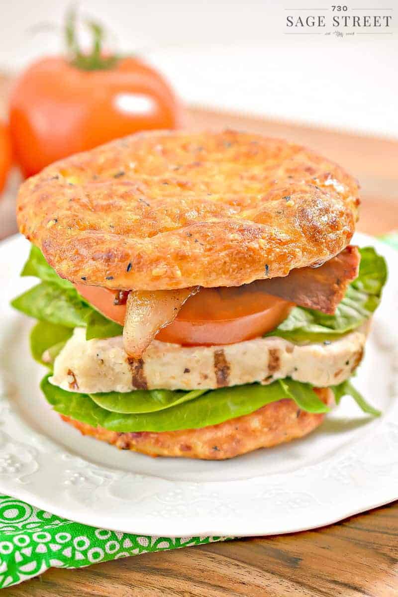 keto cheese bread on a chicken BLT