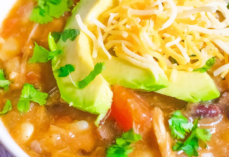 close up of enchilada soup in a white bowl