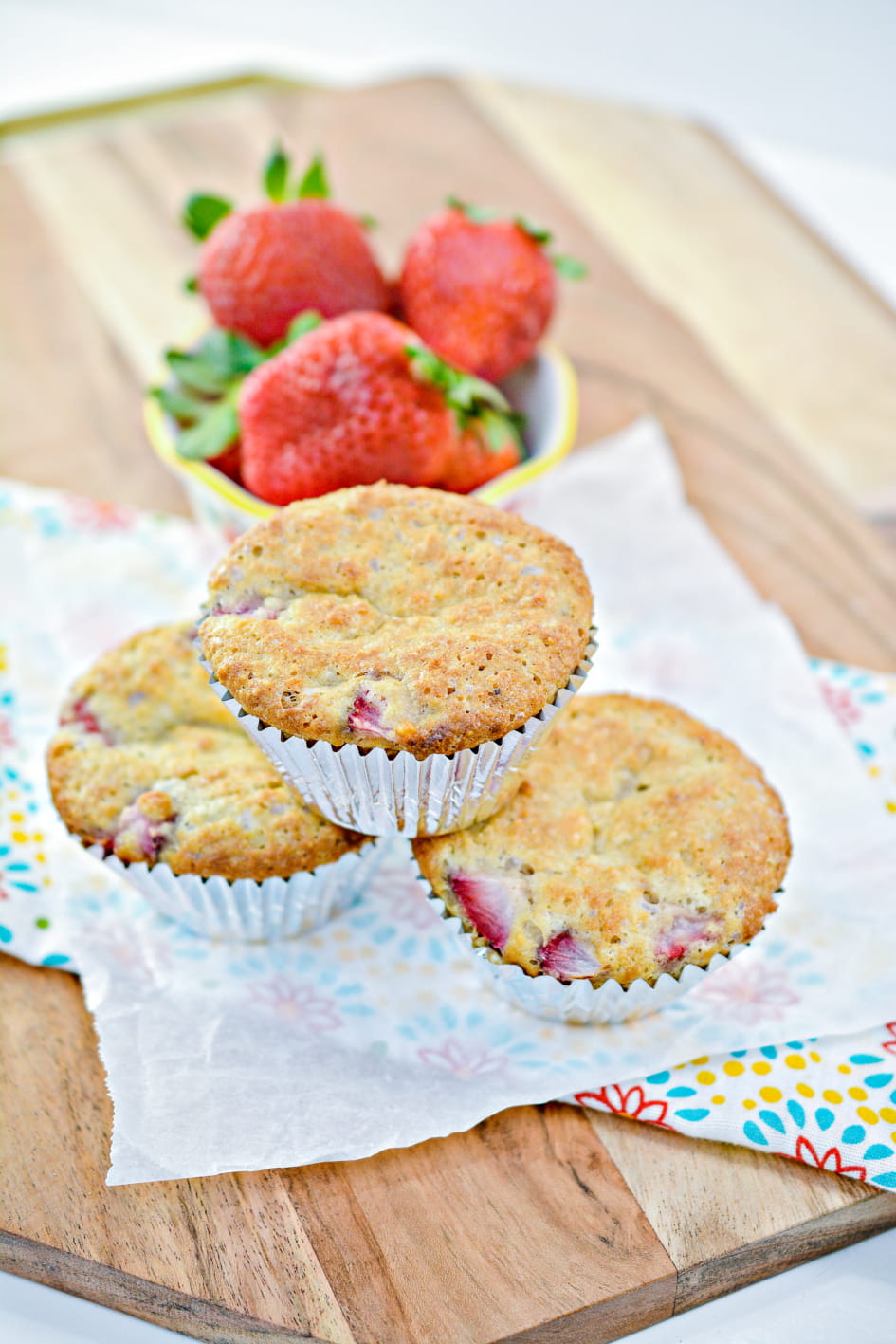(Decadent!) Keto Strawberry Muffins 5 Decadent keto strawberry muffins out of the oven ready to serve.