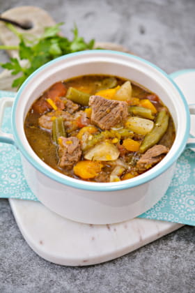 Savory Low Carb Beef Stew in final bowl ready to eat!