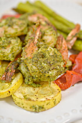 Close up view of the gorgeous pesto keto shrimp!
